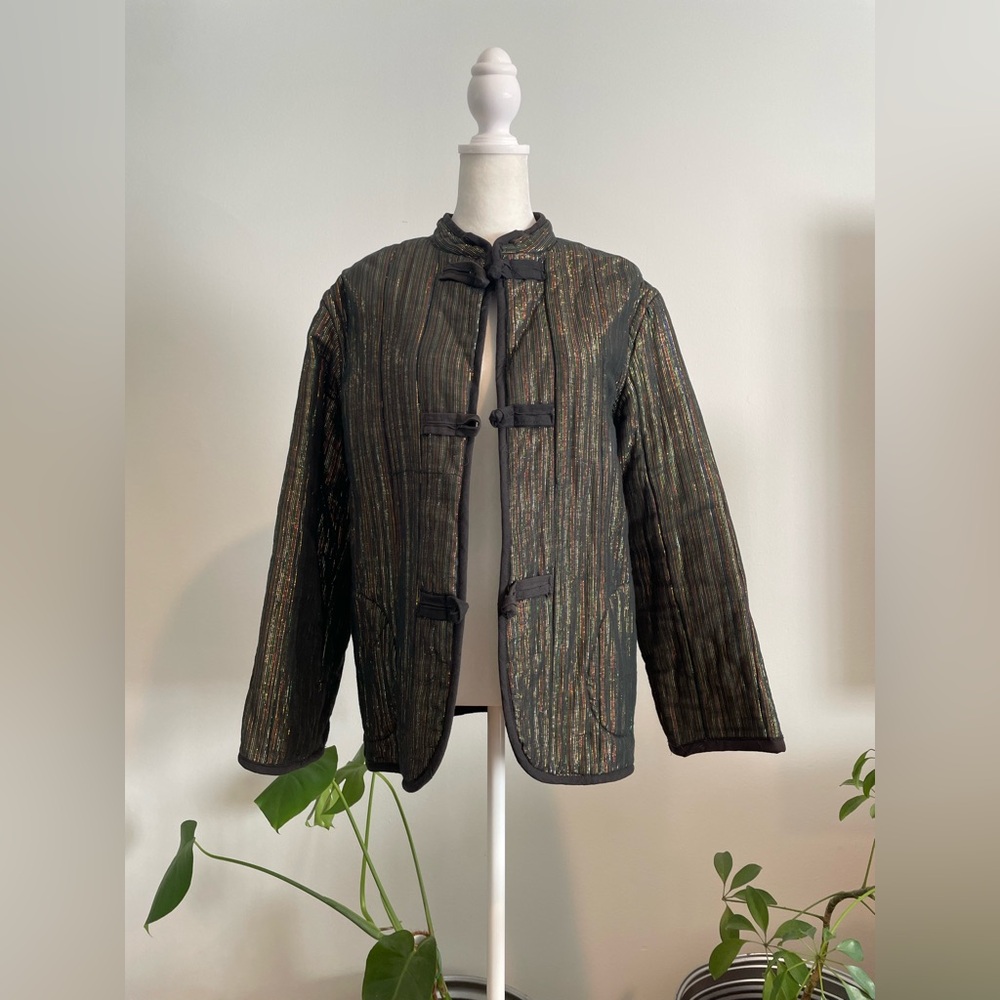 Vintage 70s Mandarin Collar Quilted Jacket with Multi Color Lurex Stripes